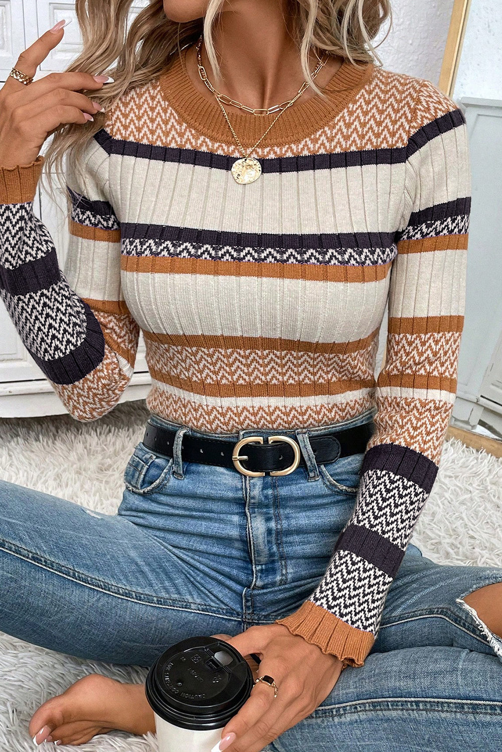 Stripe Knitted Ribbed Slim Sweater