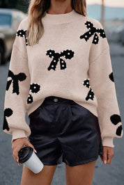 Pearl Embellished Bow Pattern Loose Sweater