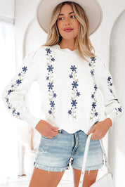 Floral Embroidered Scallop Hem Cropped Sweater