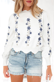 Floral Embroidered Scallop Hem Cropped Sweater
