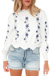 Floral Embroidered Scallop Hem Cropped Sweater