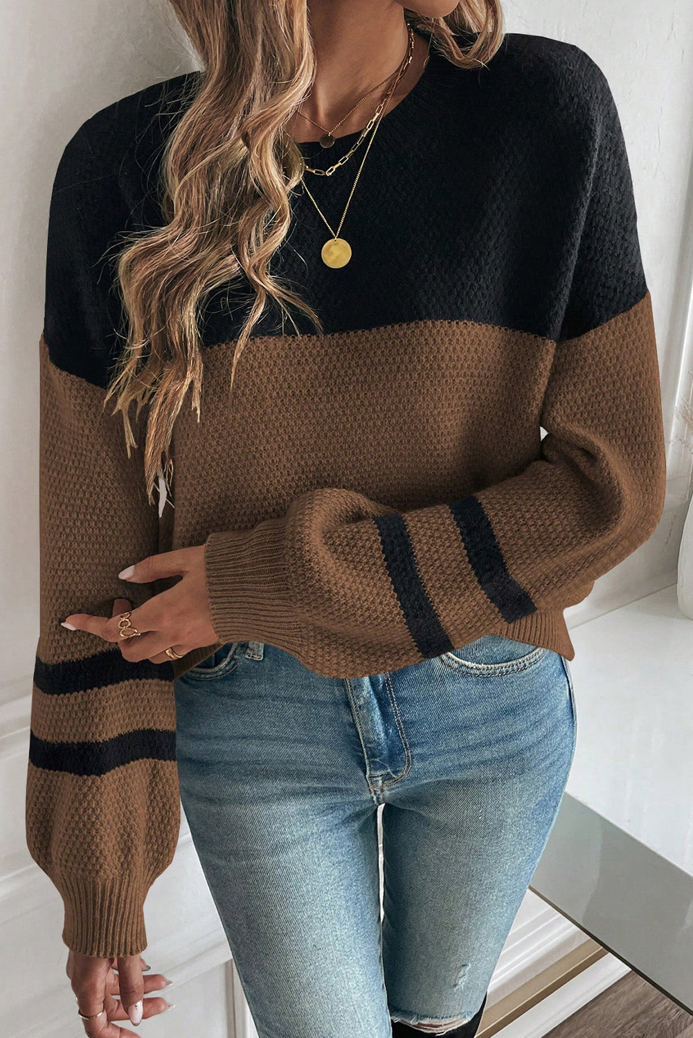 Color Block Knit Striped Sleeve Sweater