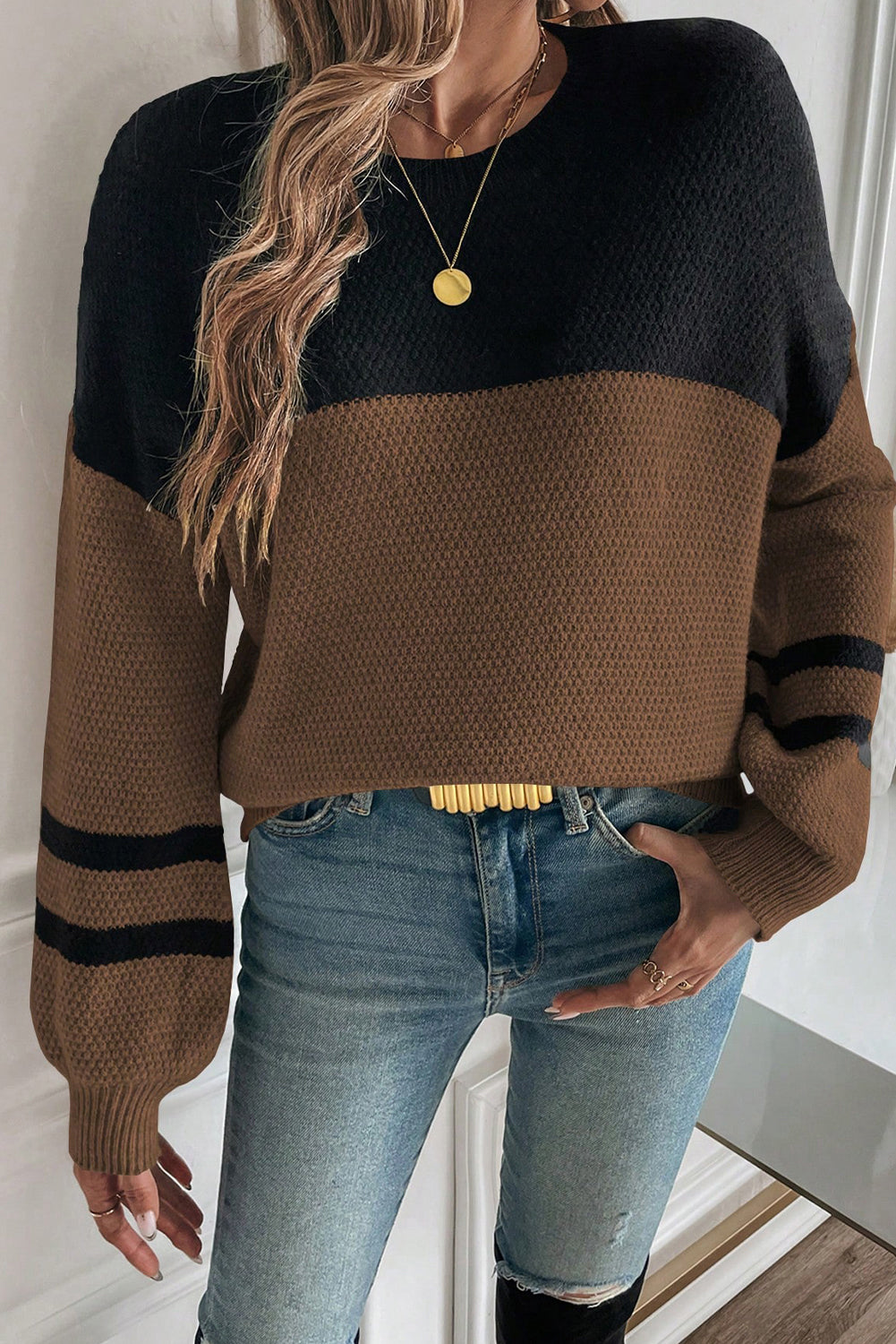 Color Block Knit Striped Sleeve Sweater