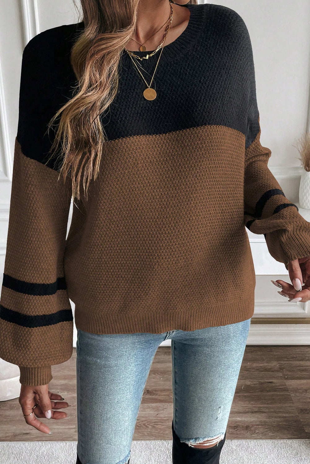 Color Block Knit Striped Sleeve Sweater