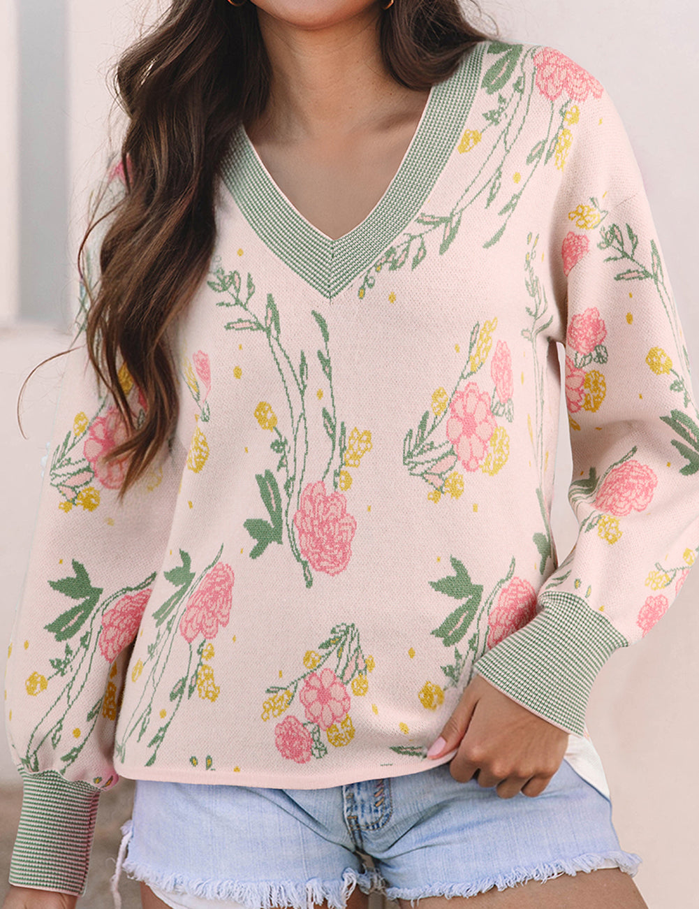 Floral Pattern Striped Sweater