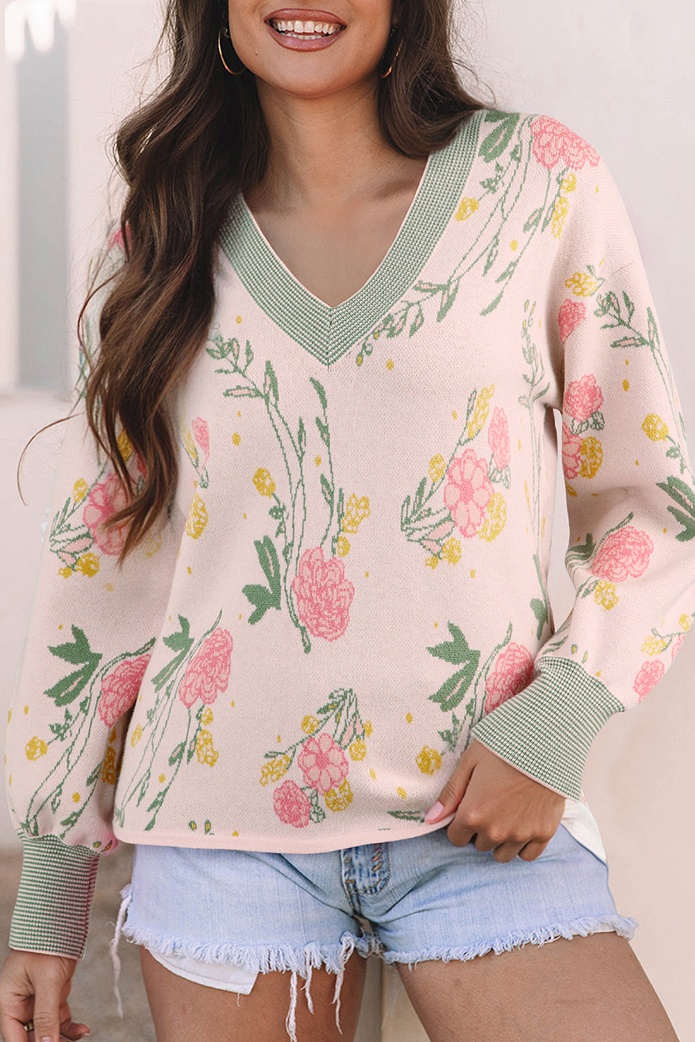 Floral Pattern Striped Sweater