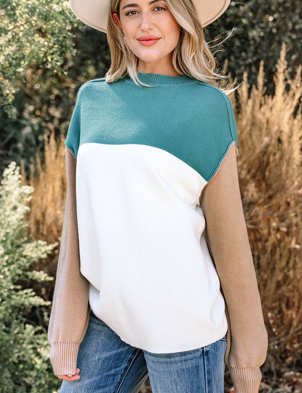 Color Block Ribbed Knit Oversized Sweater