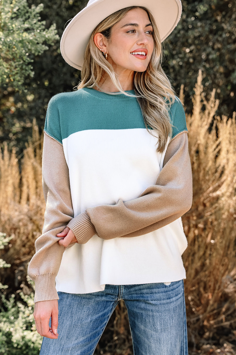 Color Block Ribbed Knit Oversized Sweater