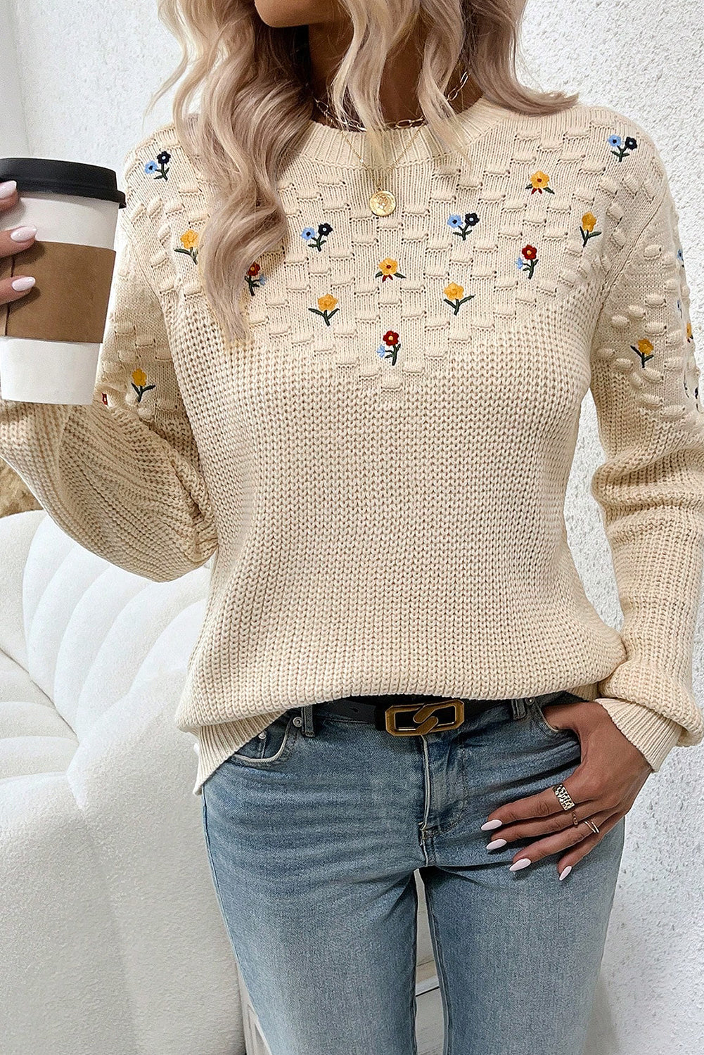 Knit Flower Embroidered Detail Sweater