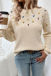 Knit Flower Embroidered Detail Sweater