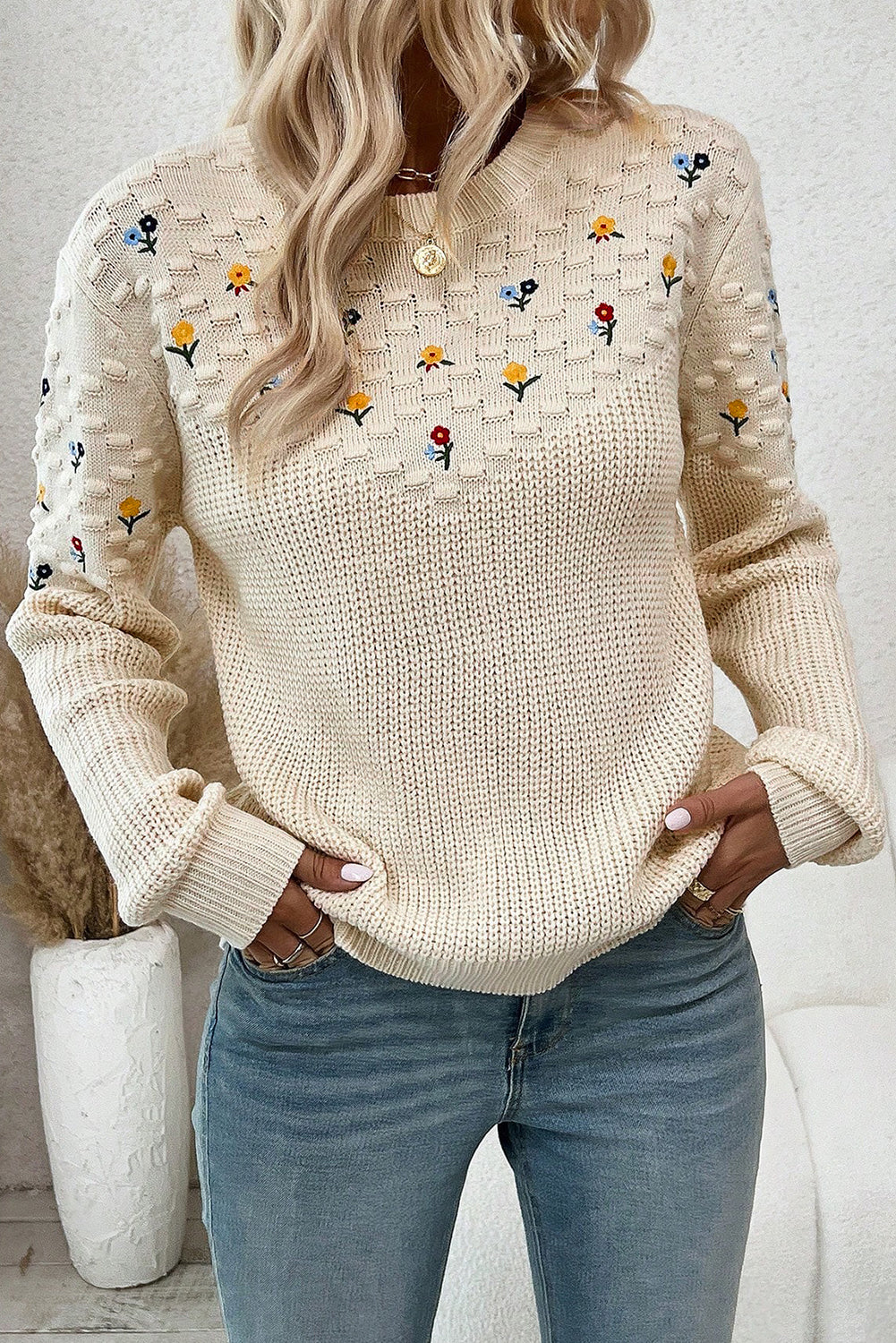 Knit Flower Embroidered Detail Sweater