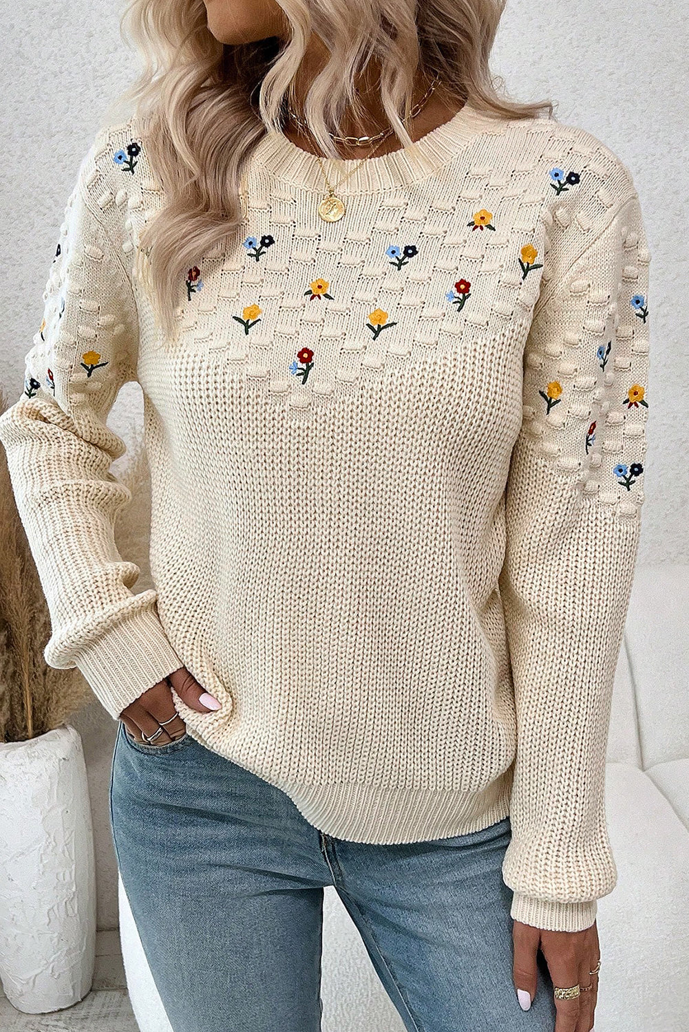 Knit Flower Embroidered Detail Sweater
