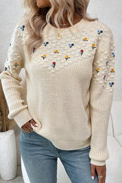Knit Flower Embroidered Detail Sweater