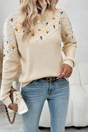 Knit Flower Embroidered Detail Sweater