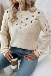 Knit Flower Embroidered Detail Sweater