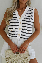 Stripe V Neck Gold Buttons Elegant Sweater Vest