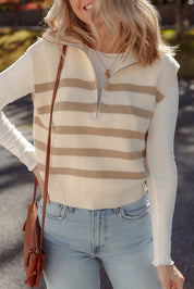 Stripe Ribbed Quarter Zip Collared Sweater Vest