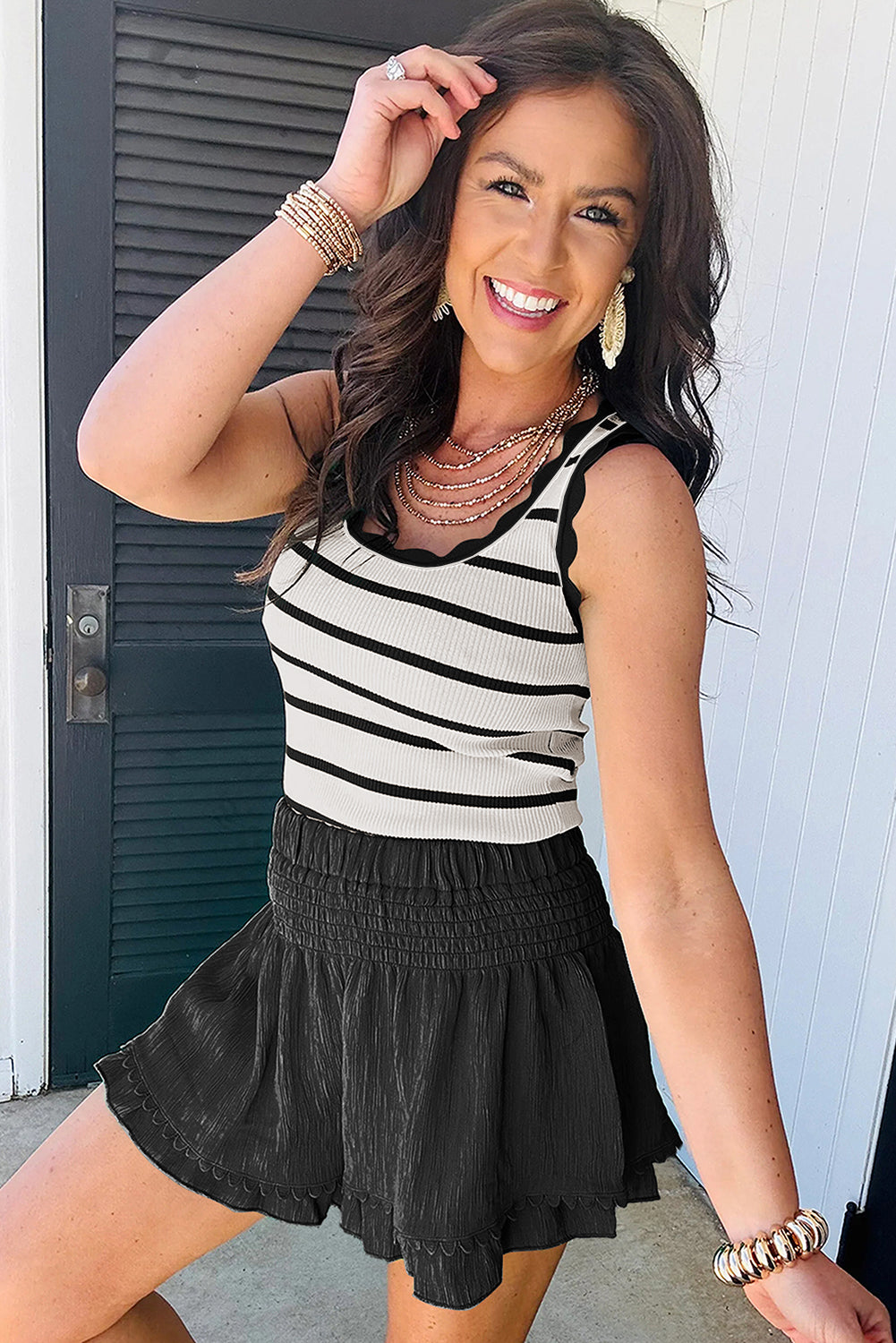 Striped Scalloped Sleeveless Sweater Tank