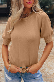 Solid Knit Short Puff Sleeve Sweater