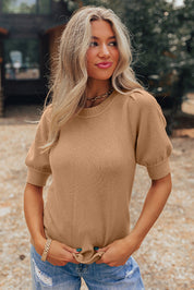 Solid Knit Short Puff Sleeve Sweater