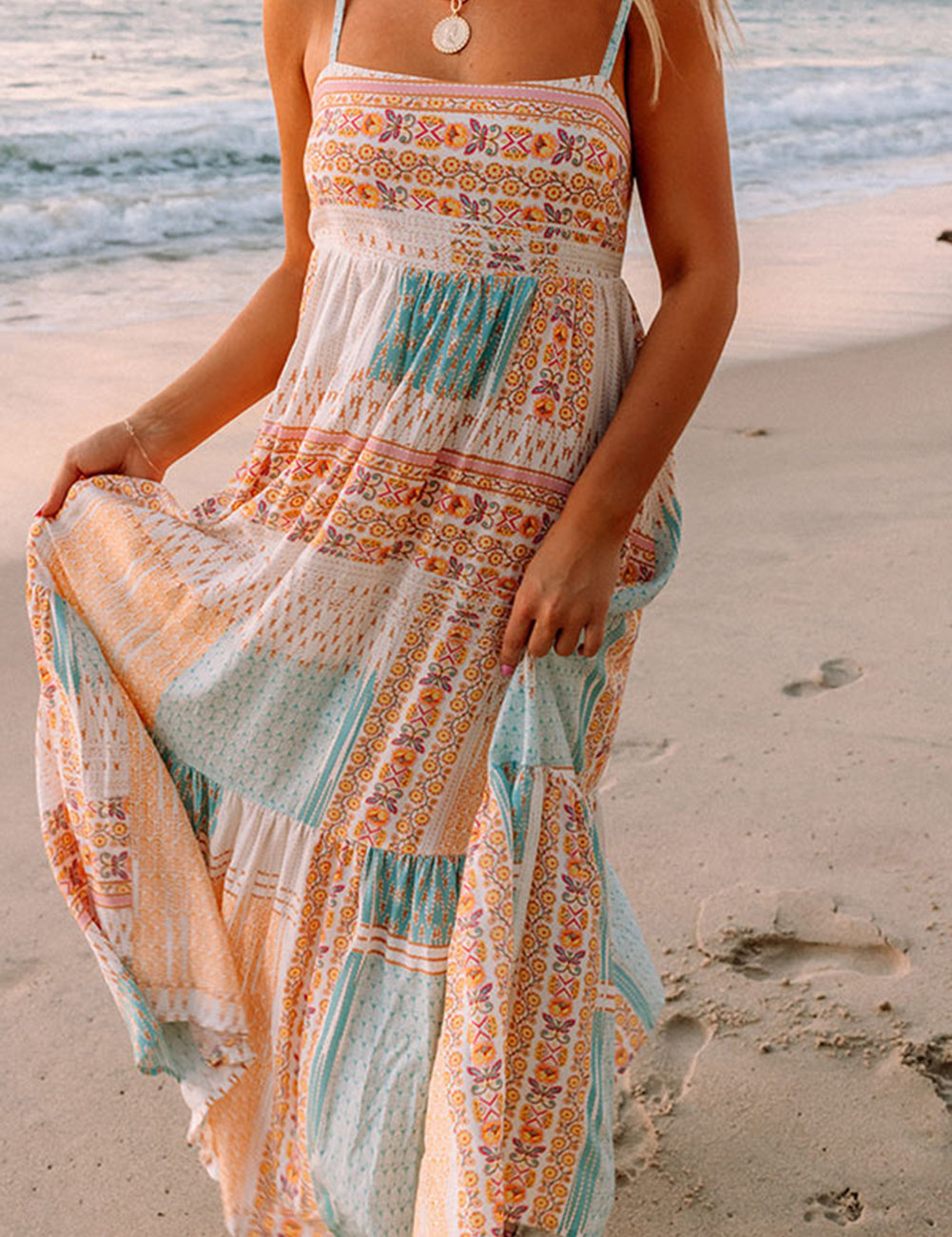 Boho Patchwork Print Square Neck Midi Sundress