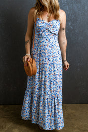 Sky Blue Floral Print Ruffled Ruched Maxi Dress