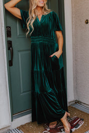 Velvet Short Sleeve Tiered Maxi Dress