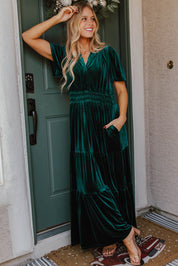 Velvet Short Sleeve Tiered Maxi Dress