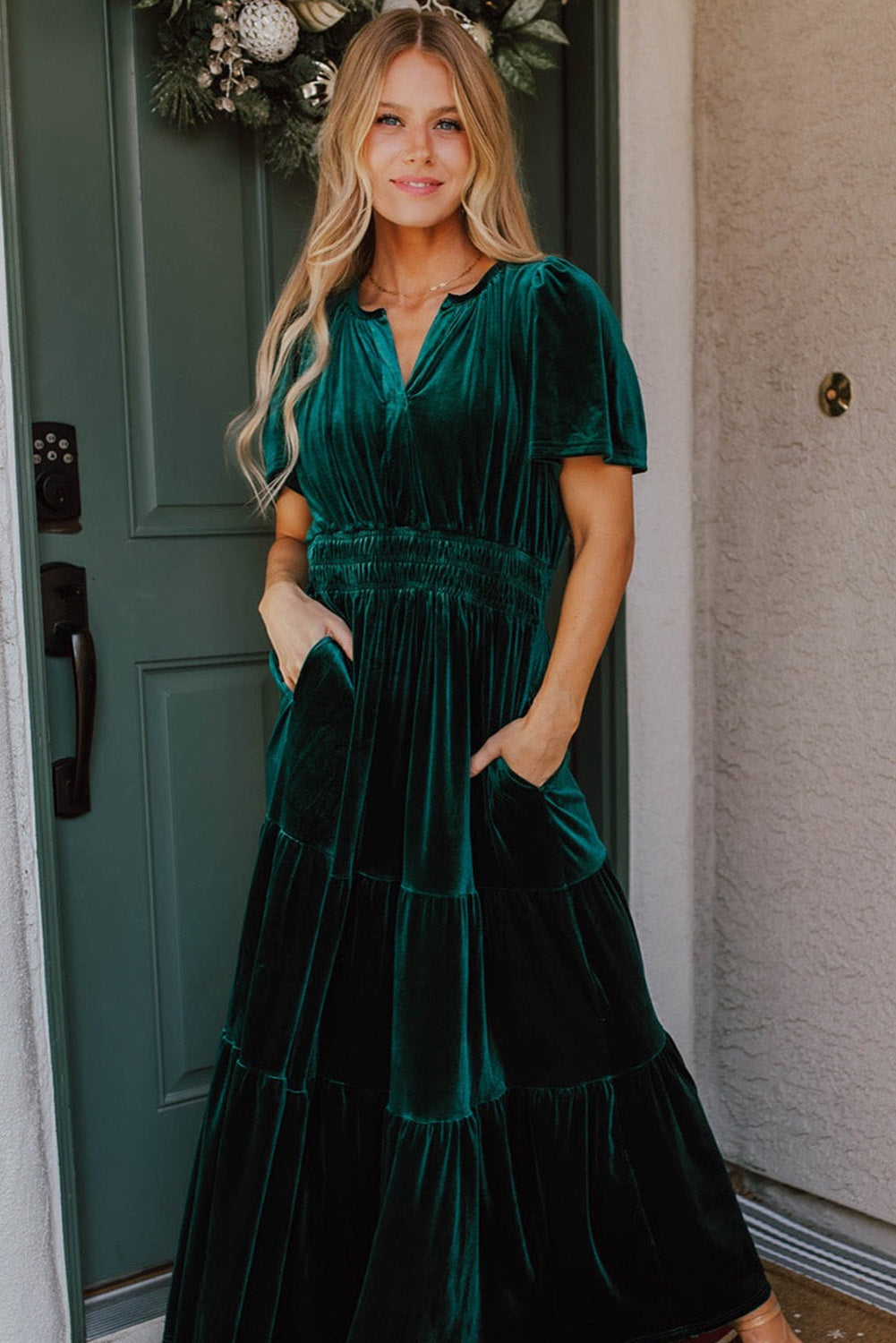 Velvet Short Sleeve Tiered Maxi Dress