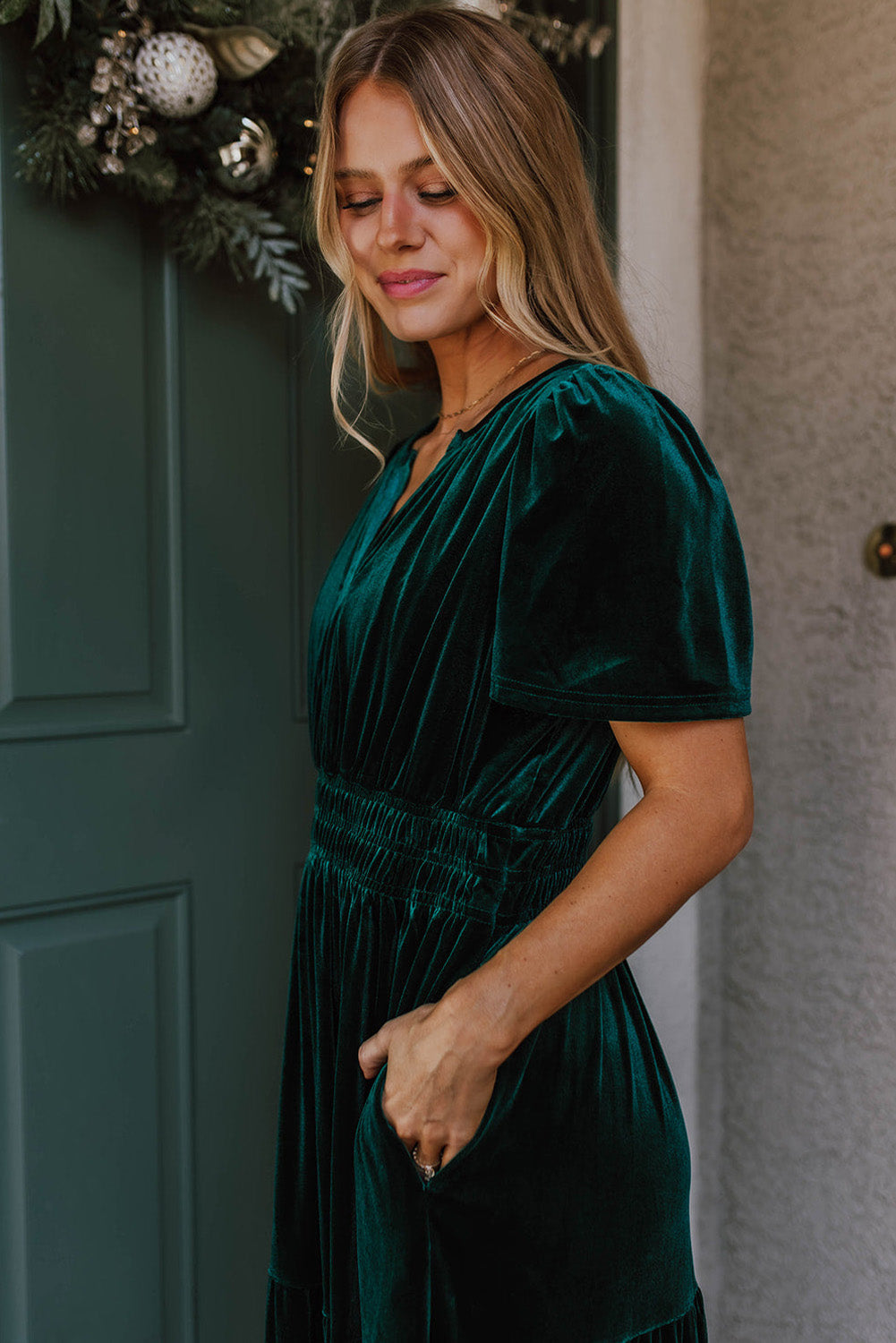 Velvet Short Sleeve Tiered Maxi Dress