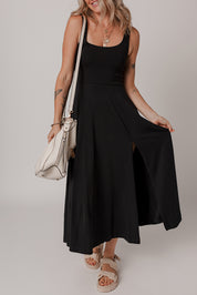 Sleeveless Scoop Neck Flared Split Midi Dress