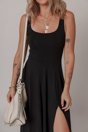 Sleeveless Scoop Neck Flared Split Midi Dress