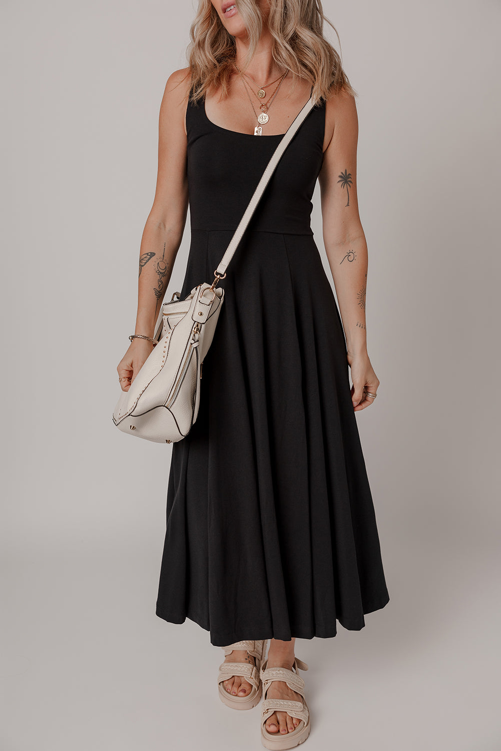 Sleeveless Scoop Neck Flared Split Midi Dress