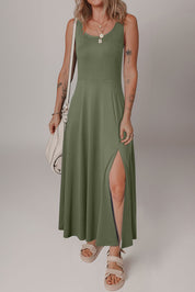 Sleeveless Scoop Neck Flared Split Midi Dress