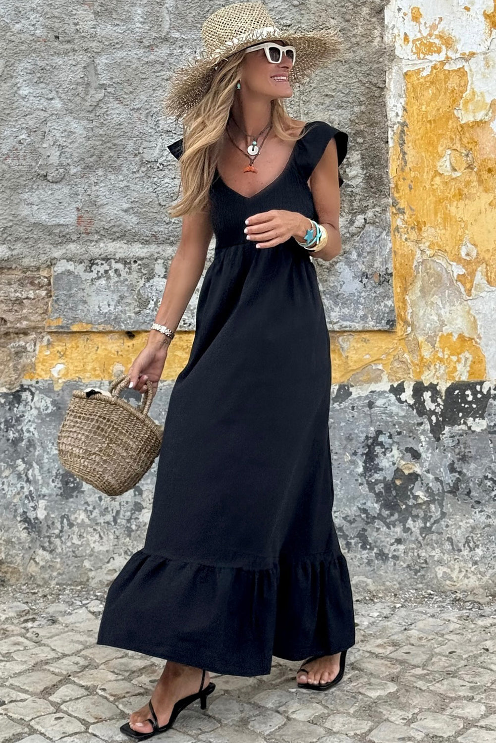 Flutter Sleeve Smocked Ruffle Maxi Dress