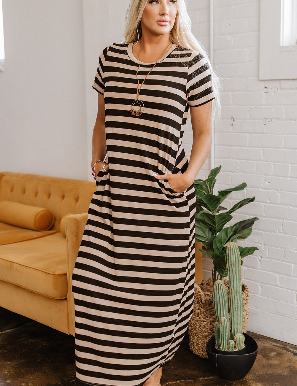Stripe Casual Maxi Dress with Pockets