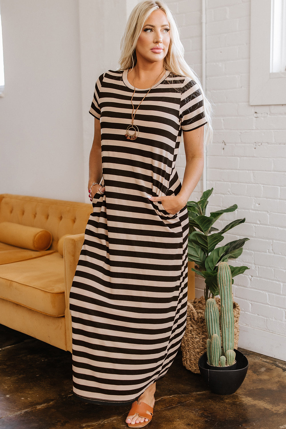 Stripe Casual Maxi Dress with Pockets