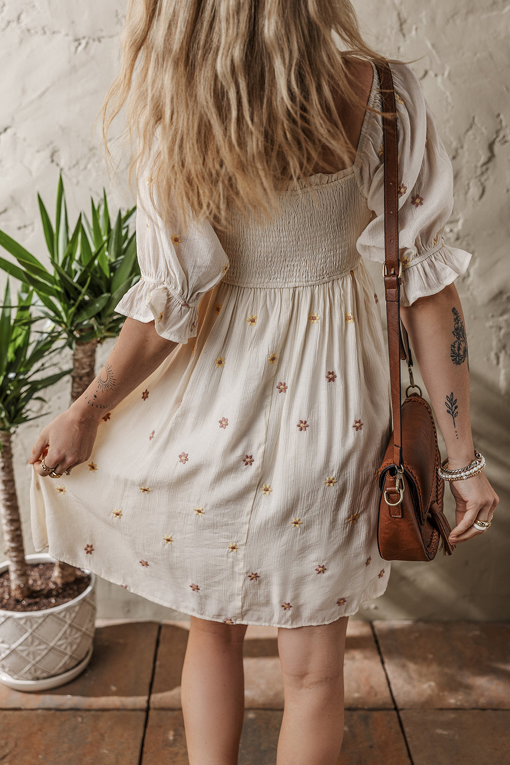 Embroidered Flower Smocked Puff Sleeve Mini Dress
