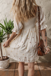 Embroidered Flower Smocked Puff Sleeve Mini Dress