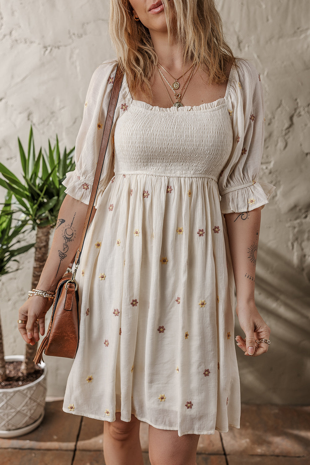 Embroidered Flower Smocked Puff Sleeve Mini Dress