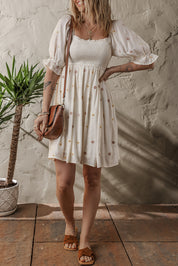 Embroidered Flower Smocked Puff Sleeve Mini Dress