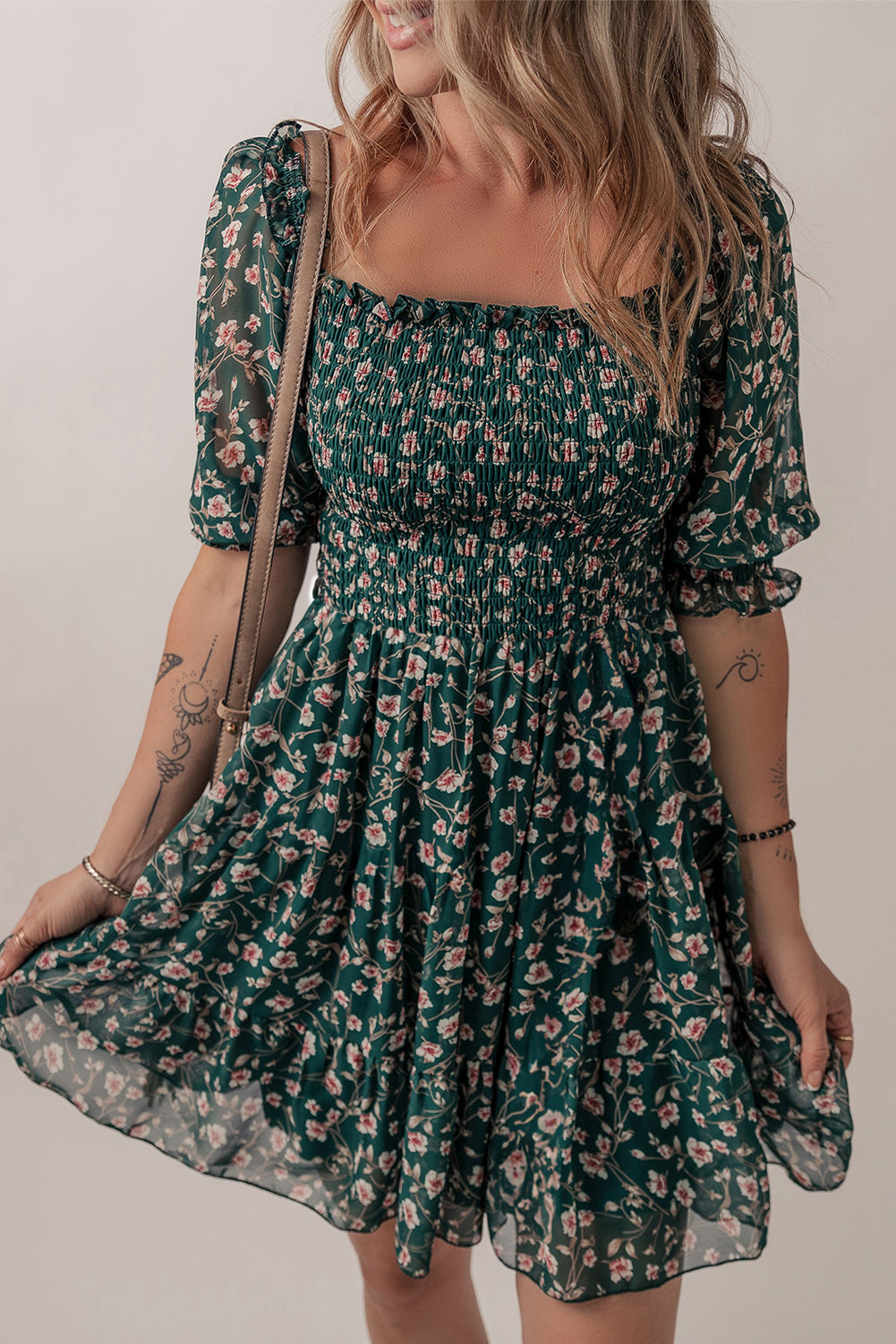Smocked Square Neck Puff Short Sleeve Mini Floral Dress
