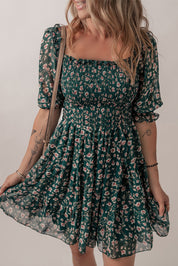 Smocked Square Neck Puff Short Sleeve Mini Floral Dress