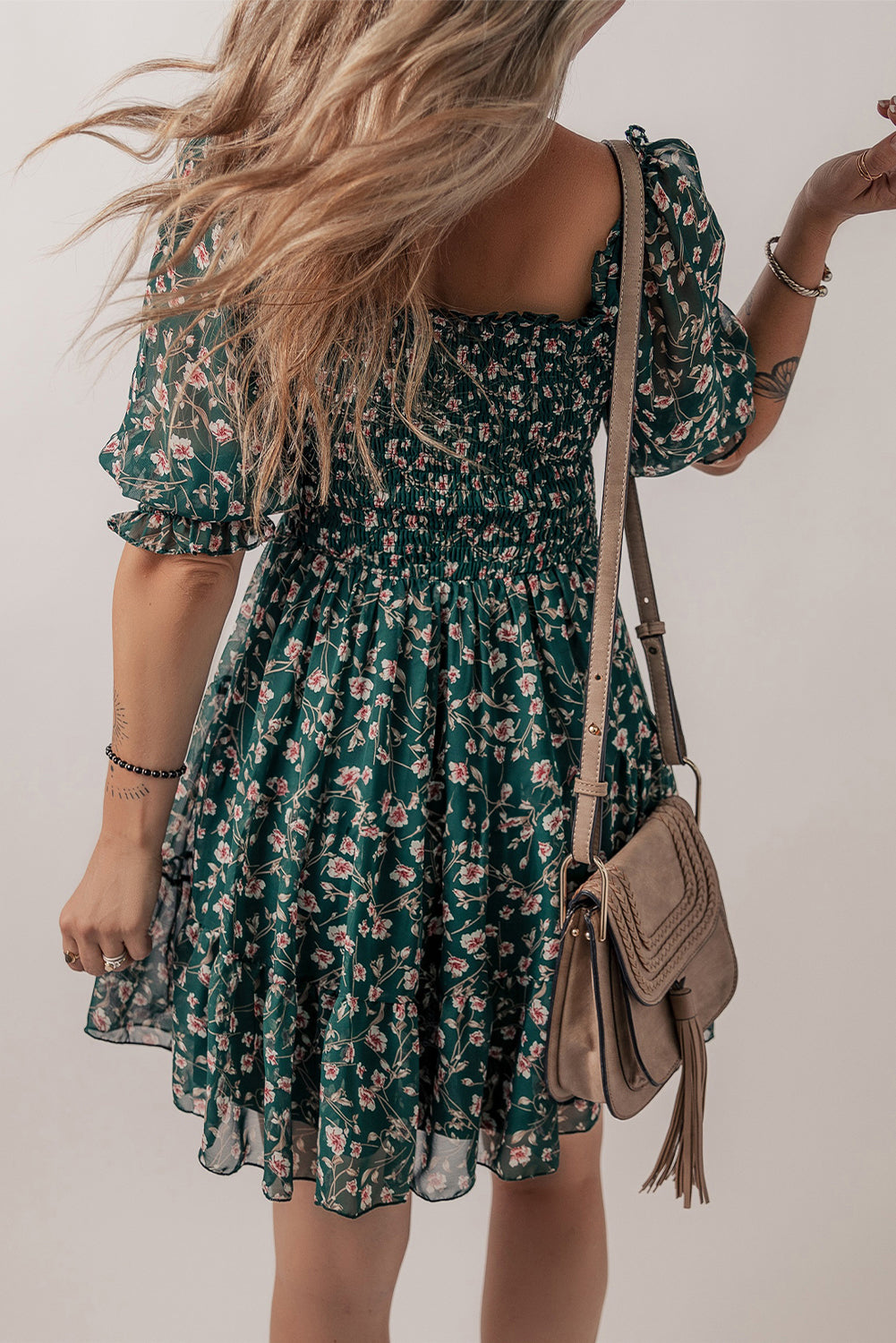 Smocked Square Neck Puff Short Sleeve Mini Floral Dress