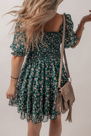 Smocked Square Neck Puff Short Sleeve Mini Floral Dress