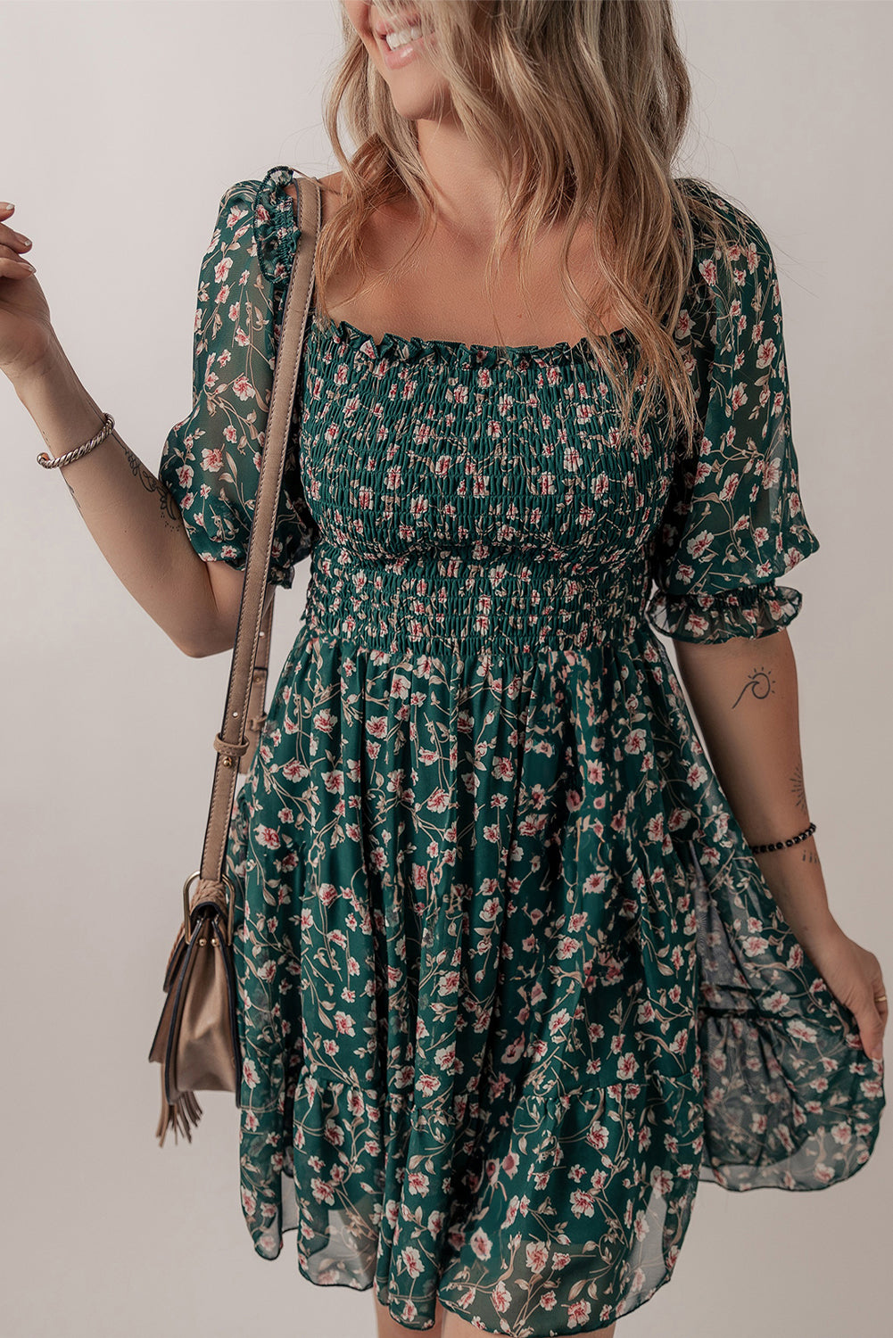 Smocked Square Neck Puff Short Sleeve Mini Floral Dress