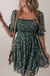 Smocked Square Neck Puff Short Sleeve Mini Floral Dress