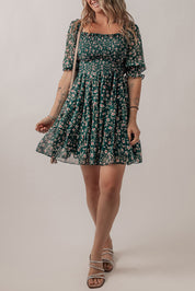 Smocked Square Neck Puff Short Sleeve Mini Floral Dress