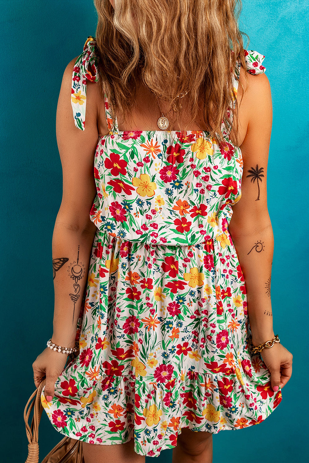 Floral Knotted Straps Ruffle Hem Mini Dress