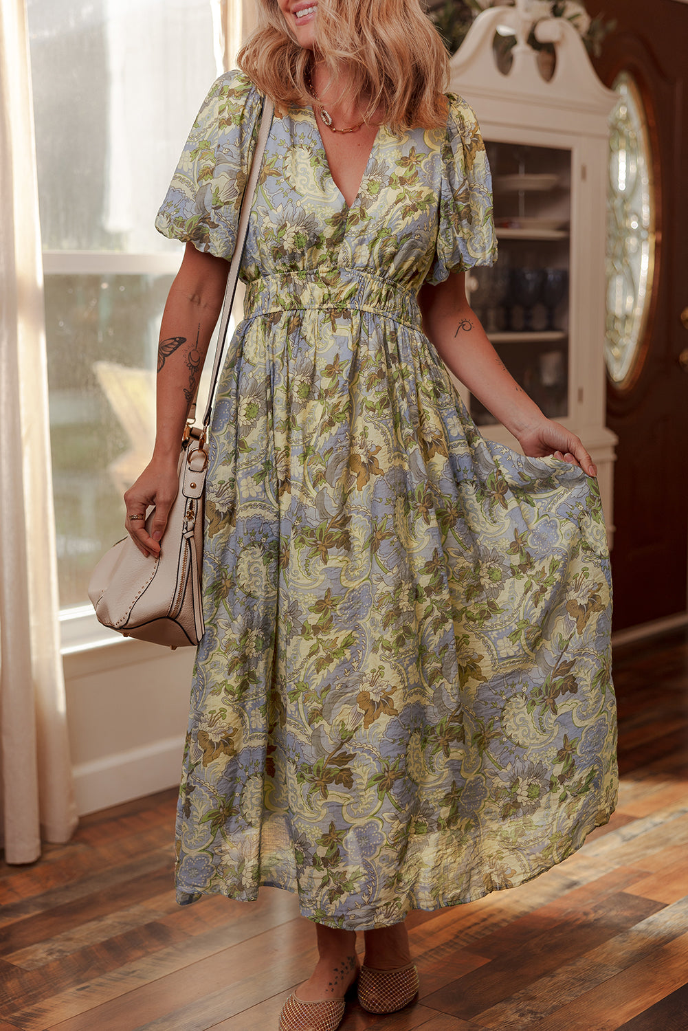 Vintage Floral Short Puff Sleeve Maxi Dress